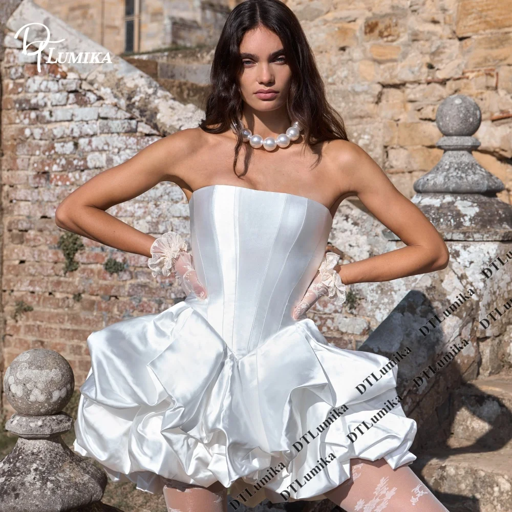 Strapless Satin Short Wedding Dress Corset Lace Up Back Ruffled Mini Skirt Bridal Gown for Reception Engagement Civil Wedding