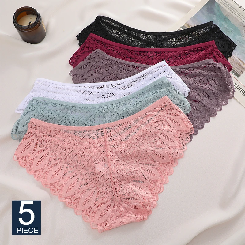 

FINETOO 5Pcs/Set Women Panties Lace Underwear Sexy Low-Waist Briefs Hollow Out G String Underpants Comfortable Female Lingerie