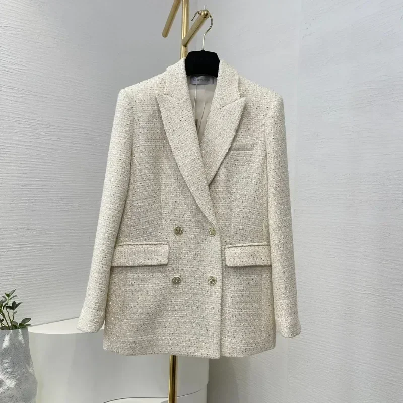 Beige Gold Shinning New Office Lady High Quality Sequin Tailored Collar Autumn Winter 2024  Long Sleeve Tweed Jacket