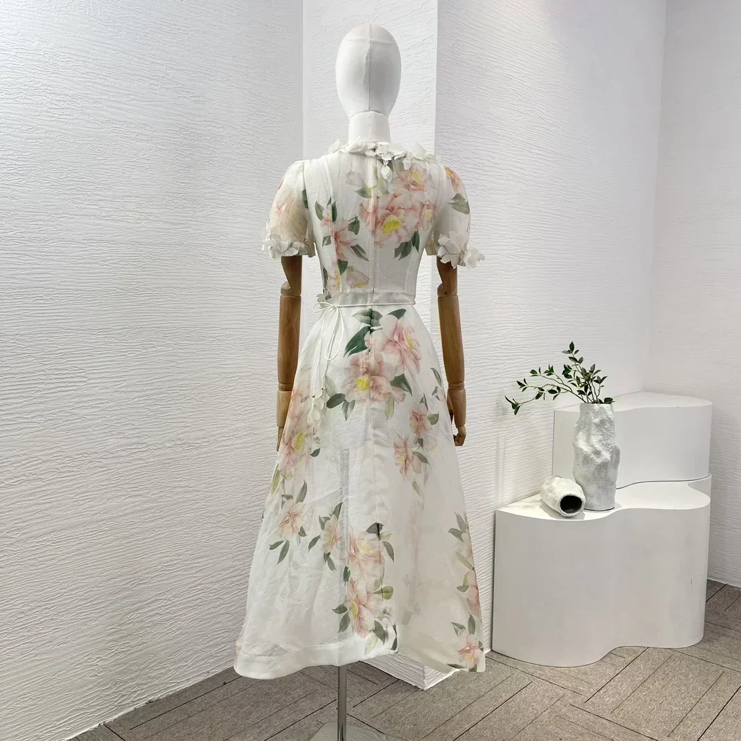 Holiday 2024 Linen Silk New Arrivals Top Quality Ivory White Three Dimensional Flowers Short Sleeve Re-tro Women Midi Dress