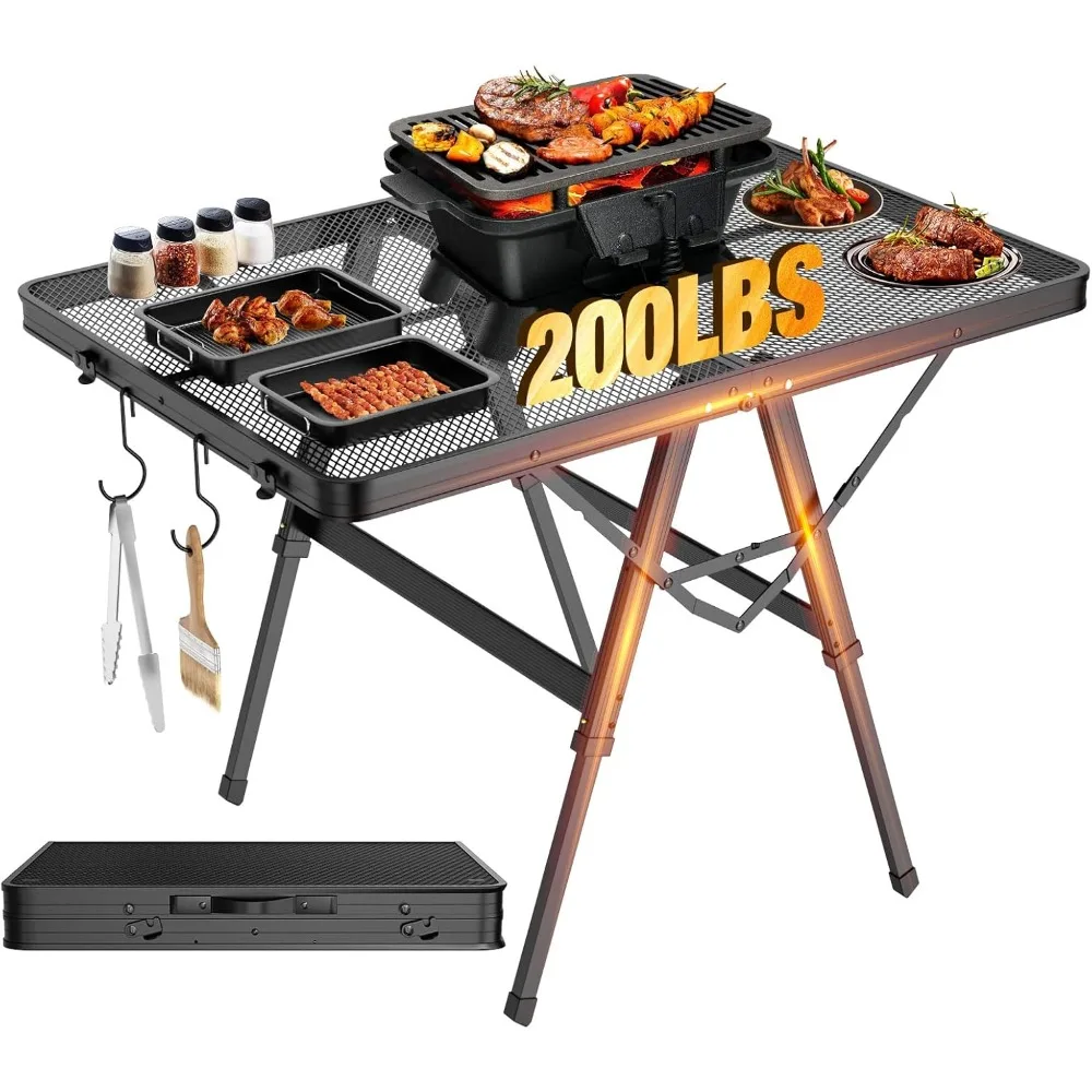 

US Shipping Foldable Grill Table with Mesh Top 35.4x23.6 Inch Portable Height Adjustable Folding Table for Outdoor Camping