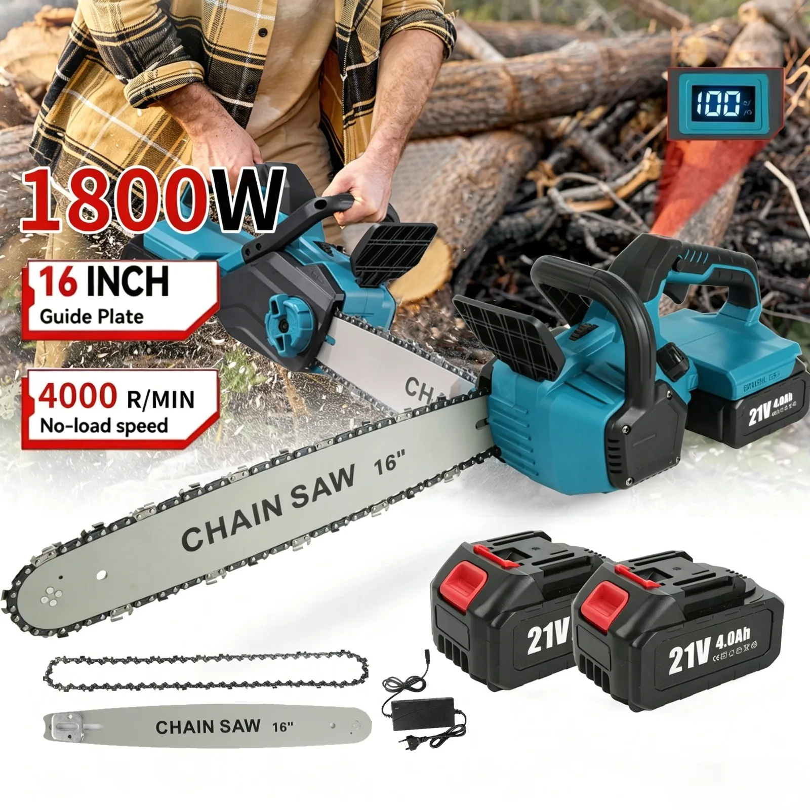 Scie à chaîne sans fil de 16 pouces, scie électrique rechargeable, scie de jardinage, scie à bois, coupe-jardin portatif pour batterie Makita 21V