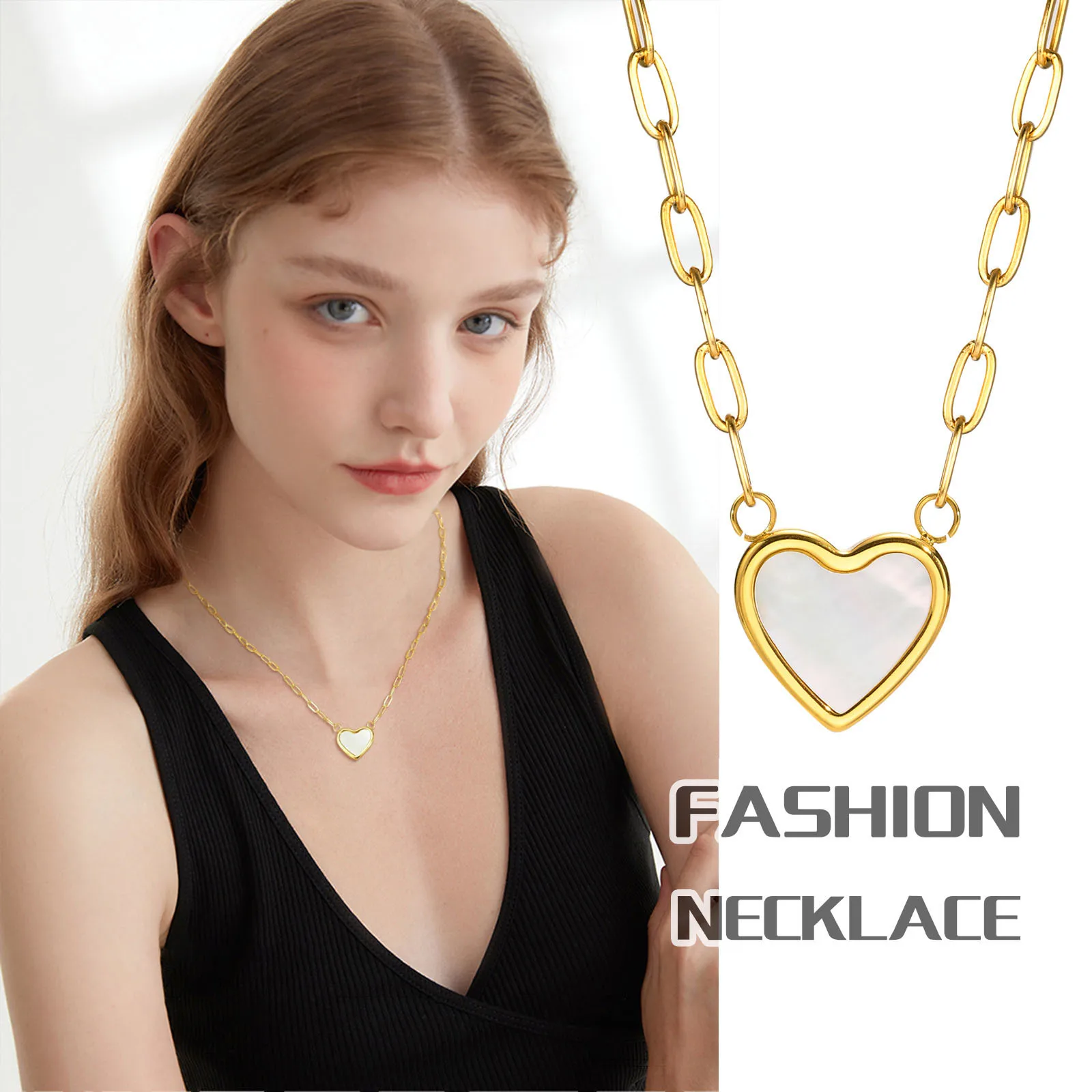 Temperament Shell Heart Necklaces for Women Young Girls Gift Jewelry,Gold Color Stainless Steel Paperclip Chain collar femenino