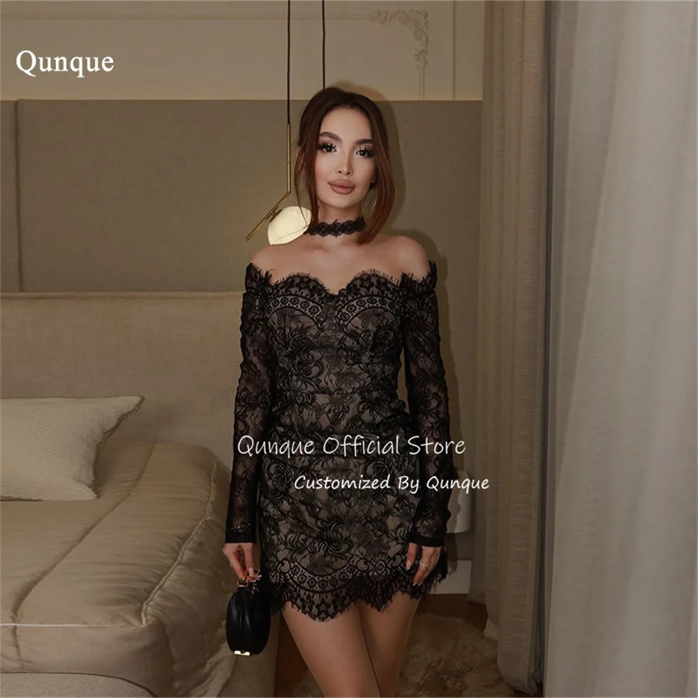 

Qunque Intricate Black Floral Cocktail Dresses Bodycon Women's Formal Evening Gowns Lace Birthday Dress Party Gowns Customized
