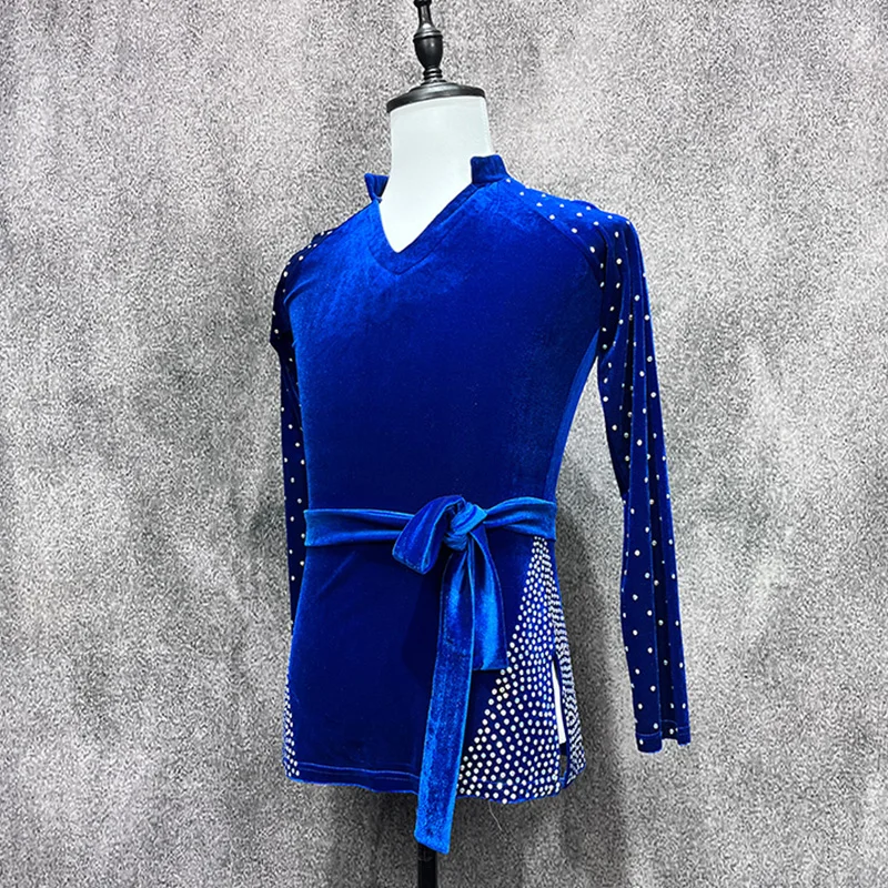 Silde Slit Rhinestone Latin Dance Tops Boys Long Sleeves Royal Blue Competition Shirt Cha Cha Performance Dance Costume DNV21840