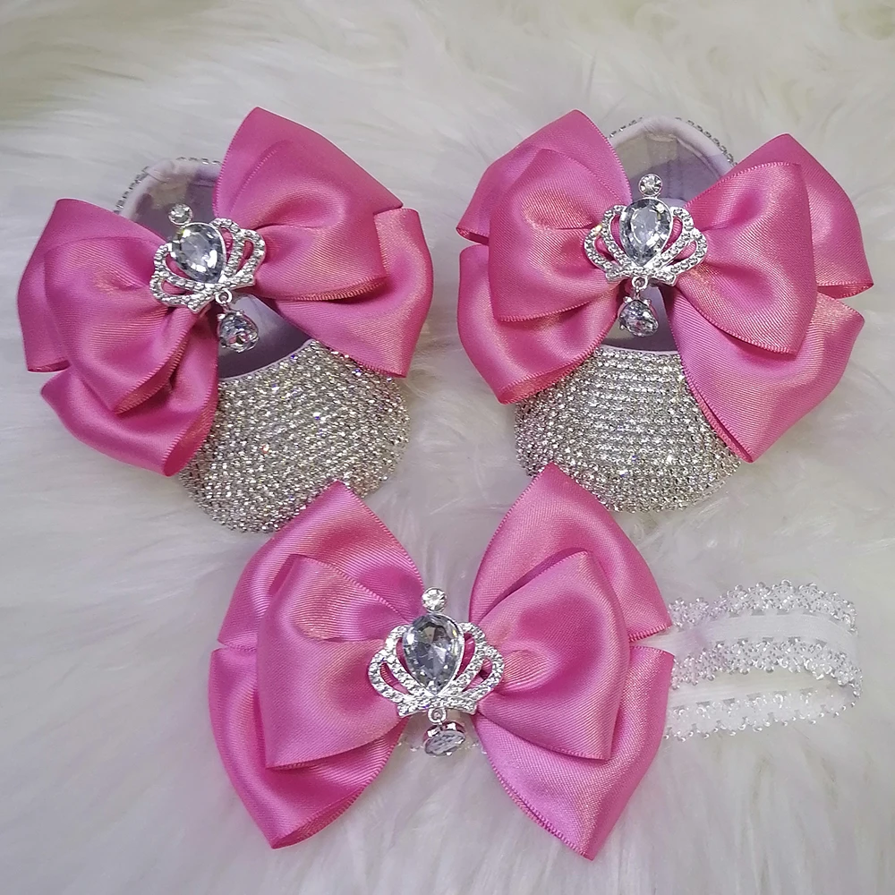 

Handmade Bow Rhinestones Baby Girl Kids Shoes Hairband Pacifier Clip Comb First Walker Sparkle Bling Crystals Shower Gift