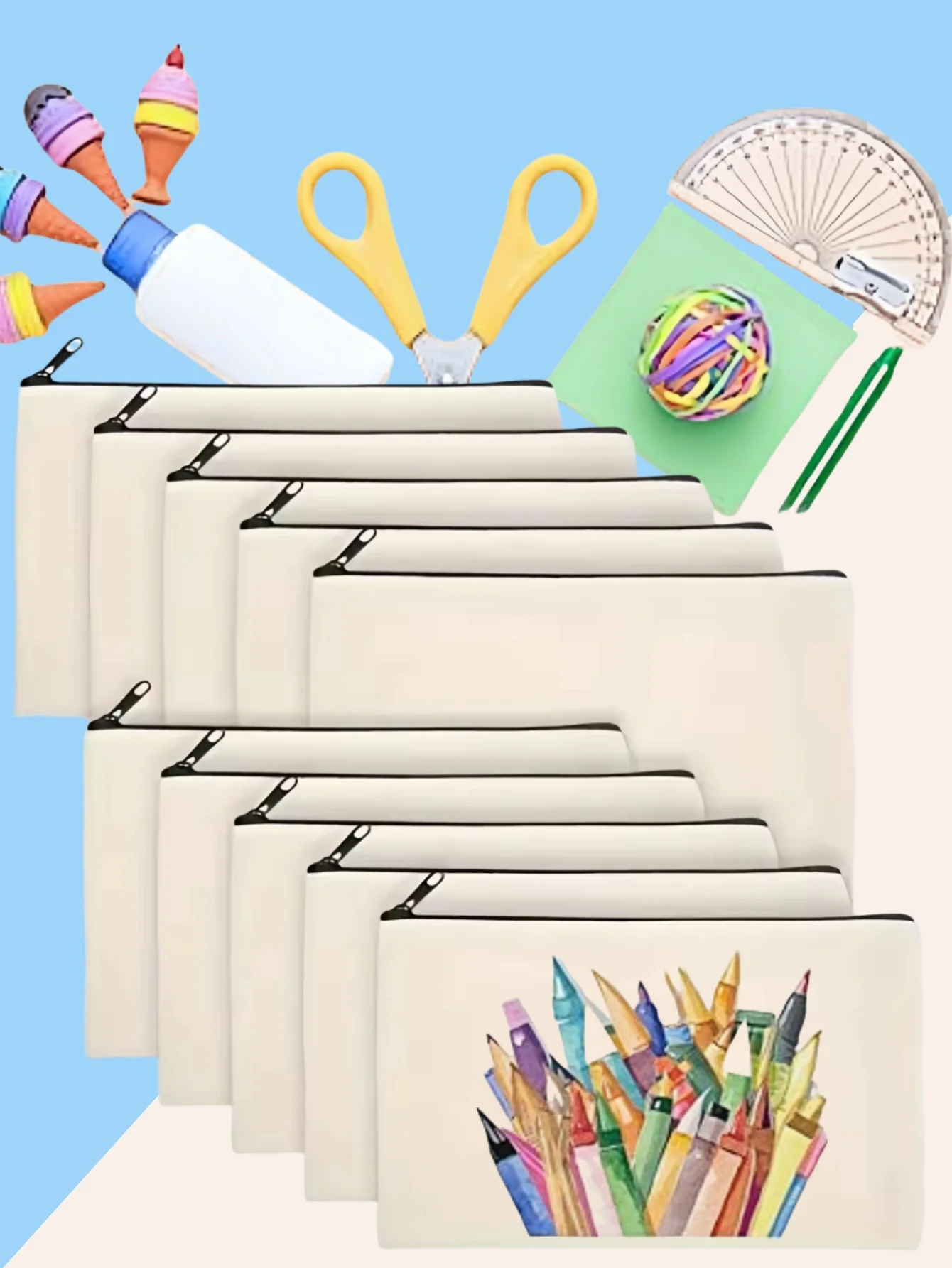 1-10PCS Blank Canvas Zipper Pouch , Makeup Bag Pencil Case For Cosmetic & DIY Crafts Multi-Purpose Travel Toiletry Storage Bag