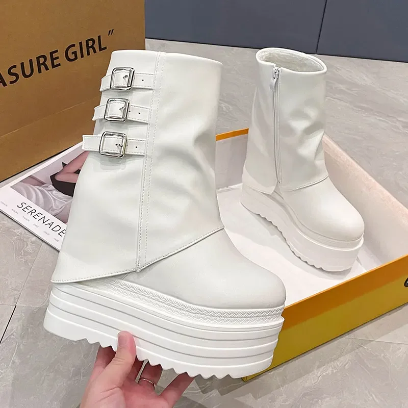 2025 Spring Sexy Round Toe Waterproof Platform Zipper Anti-Slip Increased Thick Sole High Heel Wedge Short Boots for Women