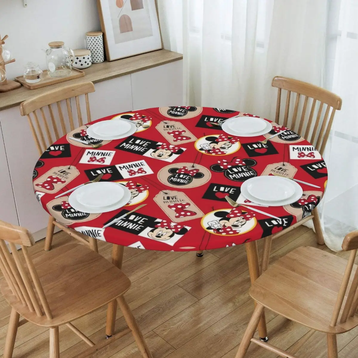 Customized Round Waterproof Disney Cartoon  The Mickey Mouse Table Cover Elastic Table Cloth Backing Edge Tablecloth for Picnic