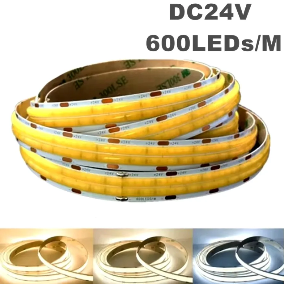 

Double Row Flexible COB LED Strip Super Bright High Density 600LEDs/m DC24V Dimmable 3000K 4000K 6500K LED Lights Strip 2000LM/M