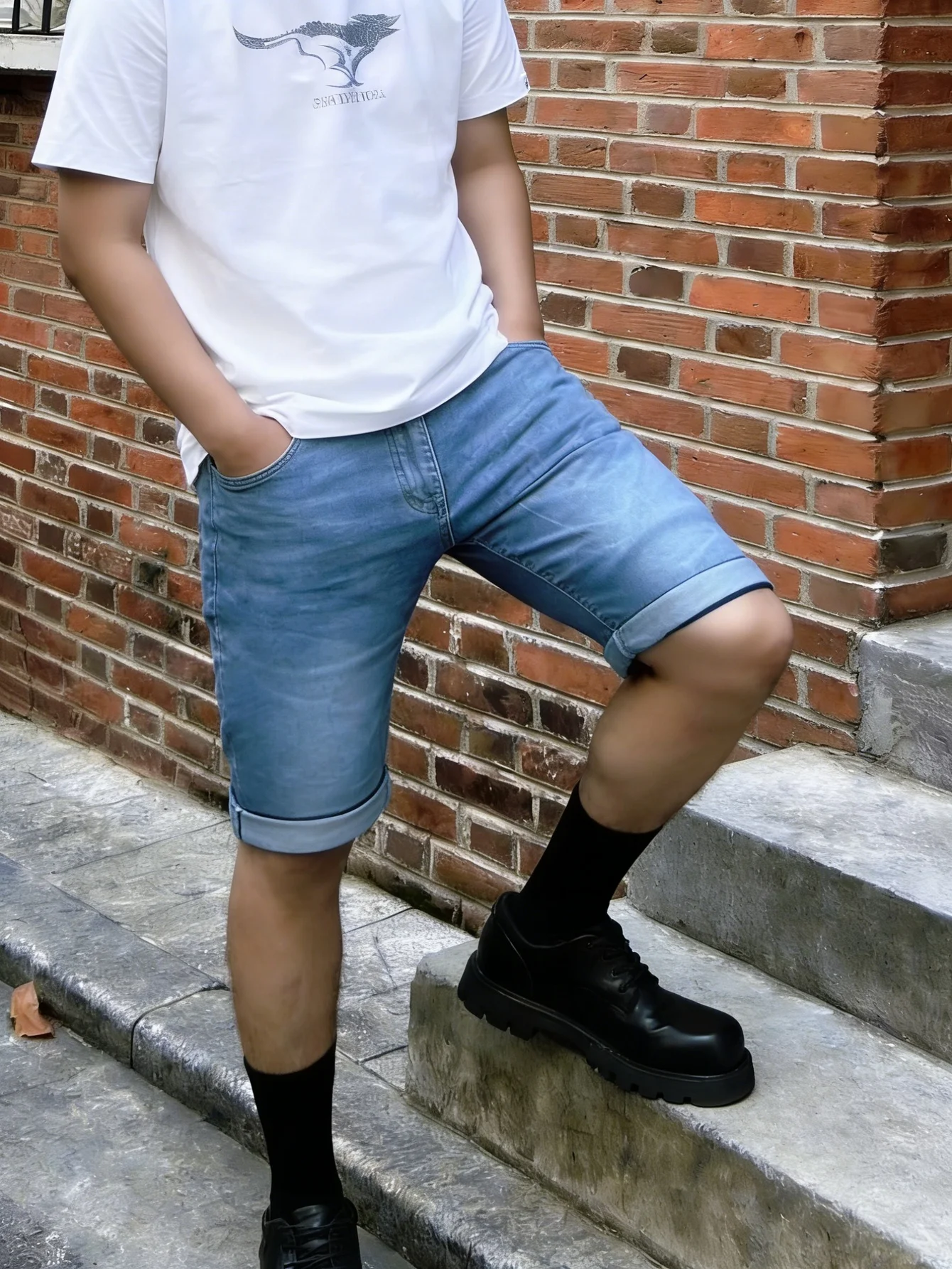 

Men Urban Stretch Blue Denim Shorts Slim Fit Y2K Drip Jeans Pants No accessories or belts included