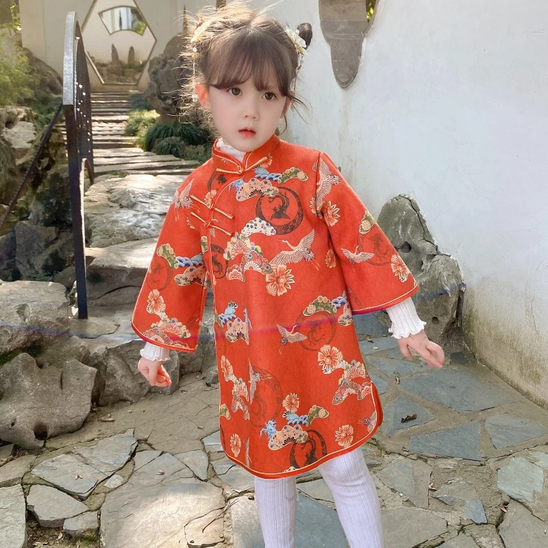 2022 New Year Kids Cheongsams Chinese Traditional Children Qipao Hanfu Geese Printed Long Sleeve China Style Girl Vintage Dress