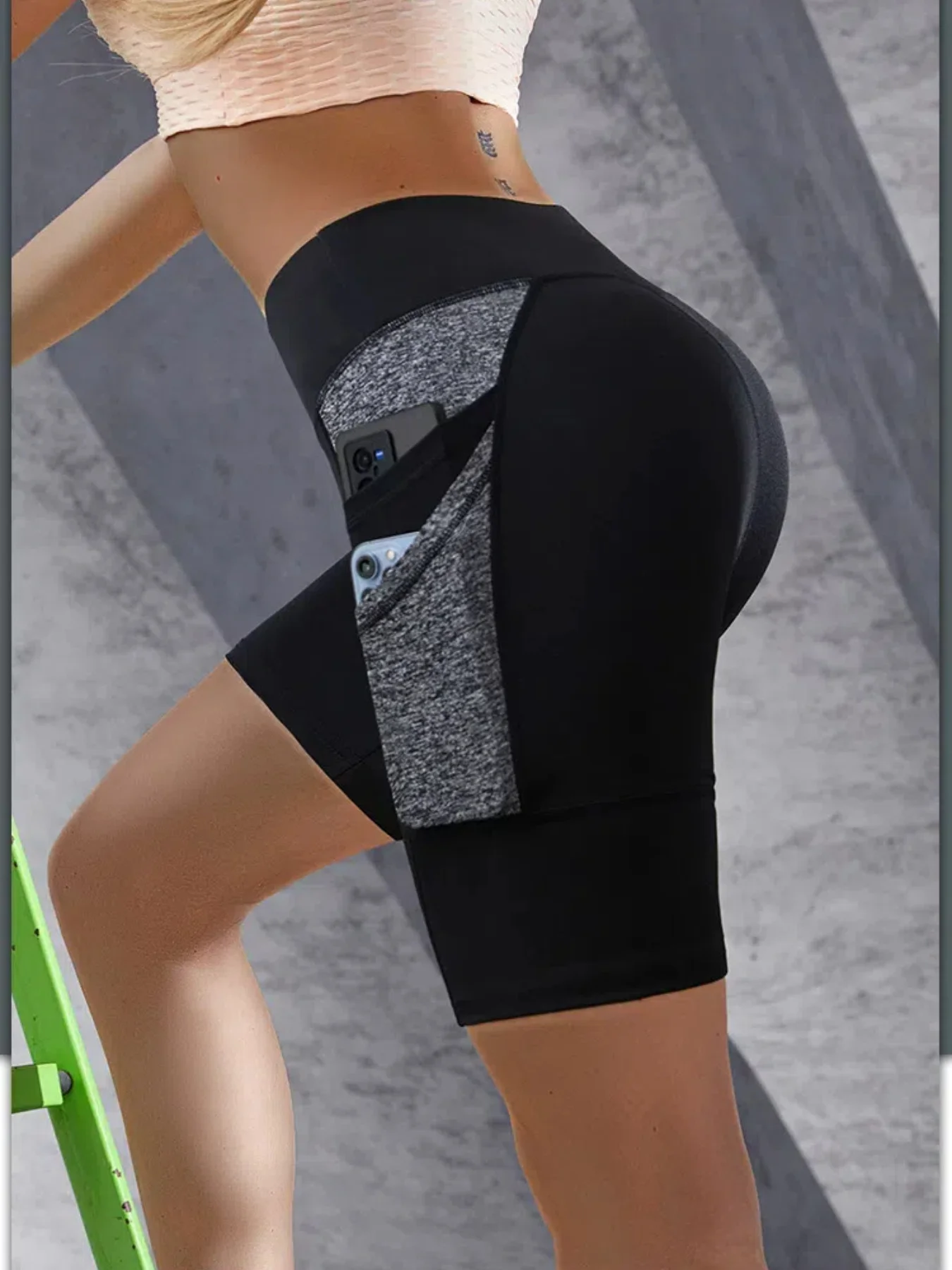 Double Side Pockets Yoga Shorts Colorblocked High Waist Tummy Control Leggings Lift Hips Gym Workout Shorts For Women