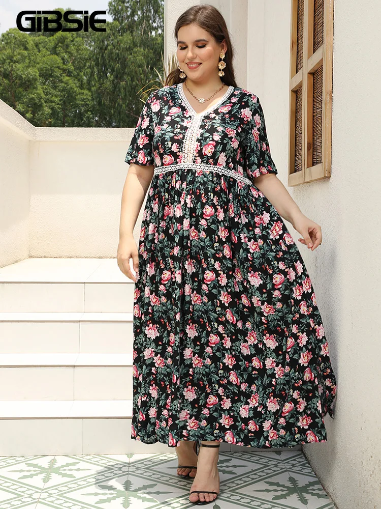 GIBSIE Plus Size Floral Print Boho Loose Beach Dress Women Summer Contrast Lace V Neck Short Sleeve Holiday Split Maxi Dresses