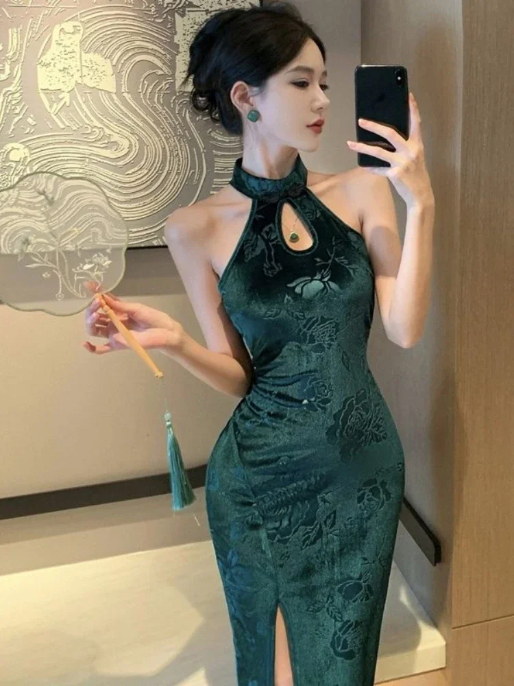 

Sexy Off Shoulder Cheongsam Dress Women Vintage Print High Waist Slim Fit Split Midi Dresses Elegant Evening Party Robe