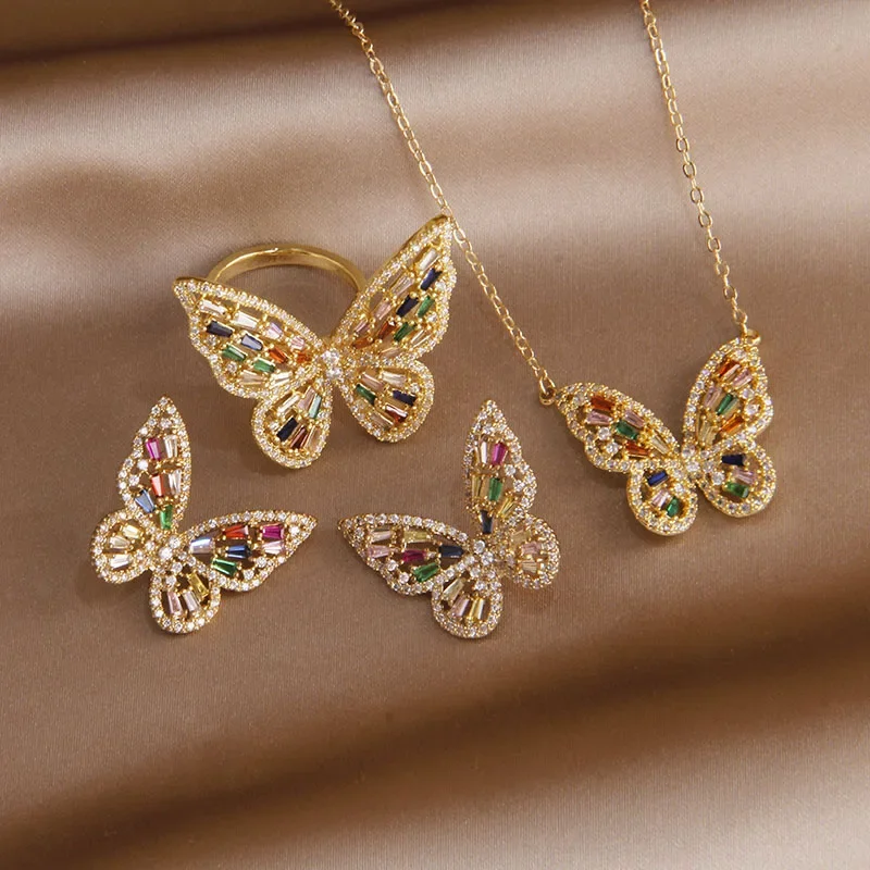 

Fashion Jewelry Set Luxury Crystal Butterfly Adjustable Rings Charm Pendant&necklaces for Women Insect Stud Earrings Accessories