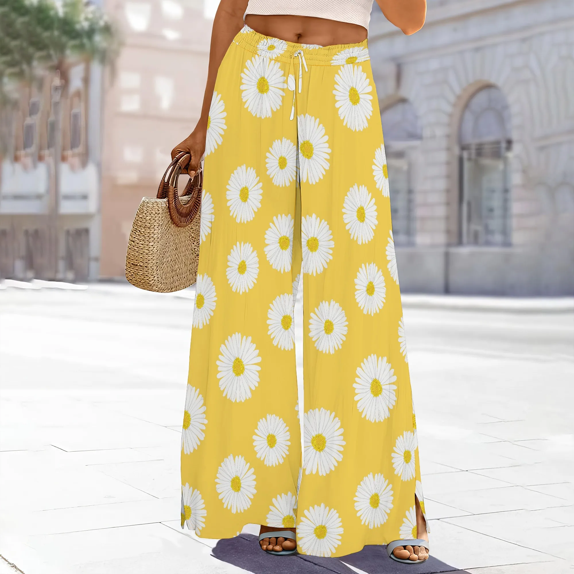 

Women's High-Waisted Navy Floral Wide-Leg Pants Adjustable Waist Pockets Back Slit Polyester Office Smart