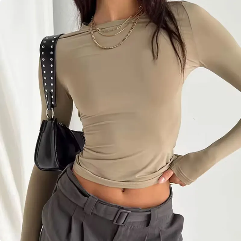 Women's Solid Color Long Sleeve Shirt Fashion 2024 Crop Top Base Layered Exercise Temperament Y2K Top Base Tops image 3