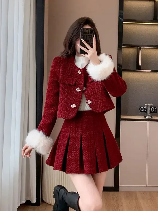 UNXX-Conjunto de duas peças para o inverno, roupa chique, vintage moderno, high-end, estilo chinês moderno, vestido vermelho, alta qualidade, novo