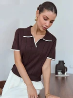 Brown Contrast White Trim Knit Polo Top for Women Short Sleeve V Neck Slim Fit Casual Knitwear - Image 4