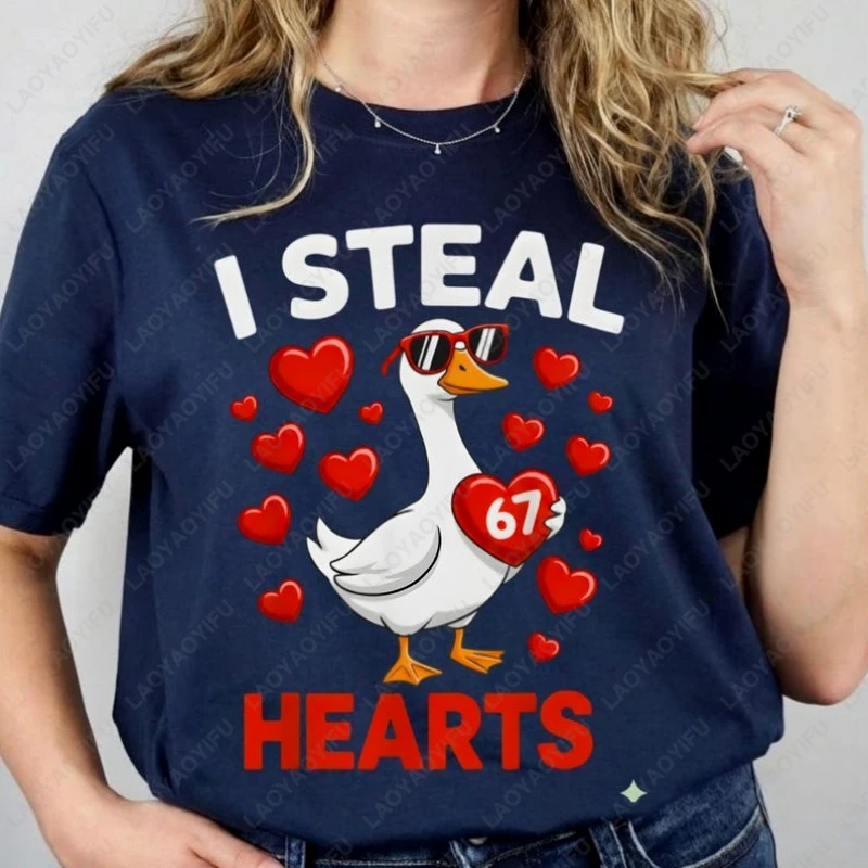 I Steal Hearts グース O ネックプリントトップス バレンタインダック コットンシャツ 面白い恋人の服 男性 女性 バレンタインデーギフト カップル