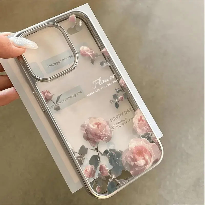 

Pink Rose Electroplated Frame Phone Case Suitable For Iphone15 ProMax 14 13 12 11 XS X XR 7 8 Plus Transparent Anti-Fall Cover