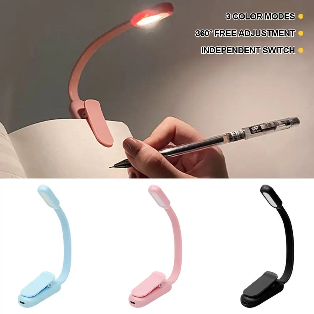 Lampu baca LED Mini USB 3 warna, cahaya kecerahan dapat disesuaikan jepit belajar membaca untuk perjalanan kamar tidur membaca