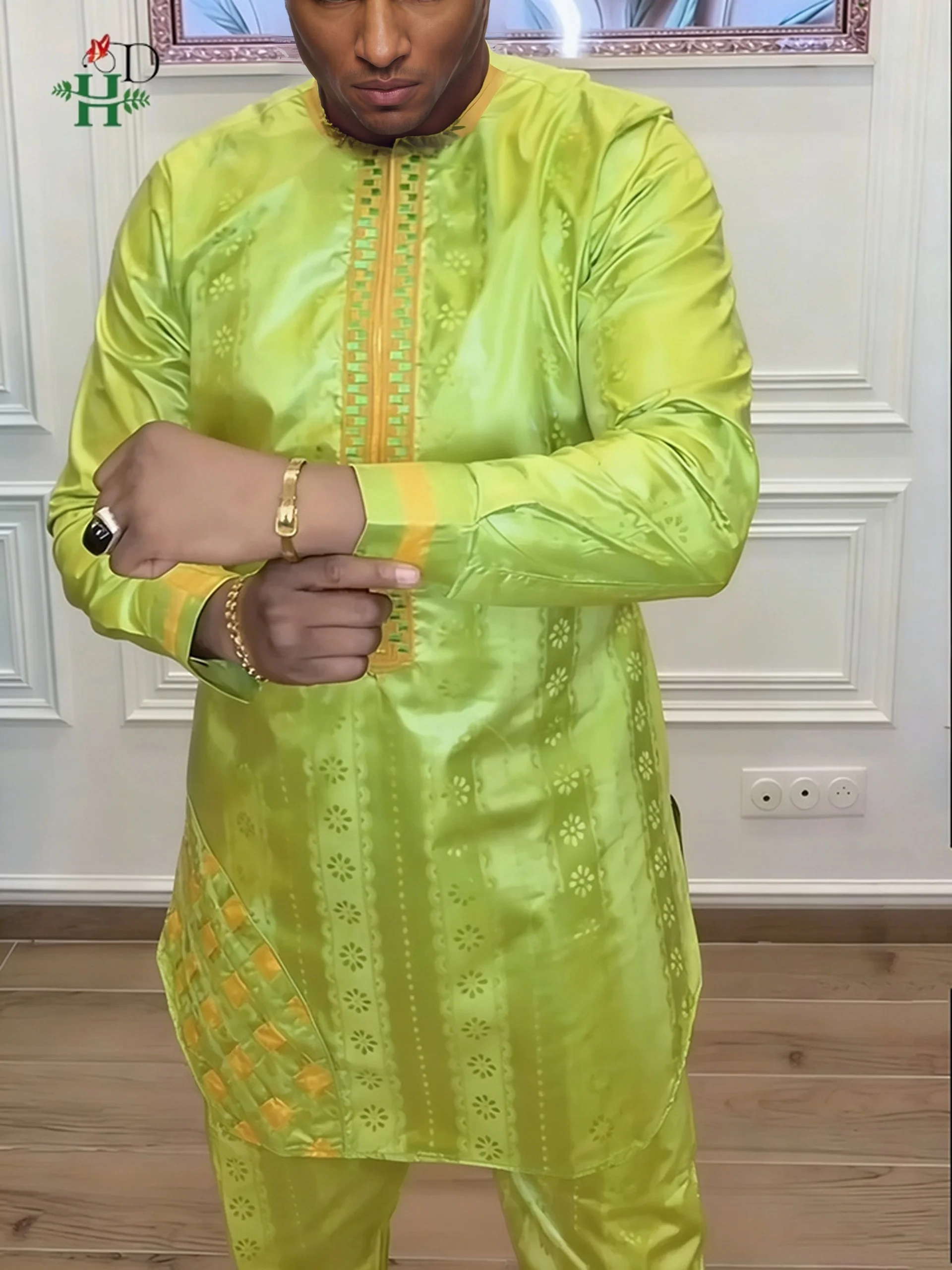 H&D African Clothing For Man Traditional Agbada Sets 2PCS Green Bazin Riche Shirt Pant Embroidered Wedding Party Suits Plus Size