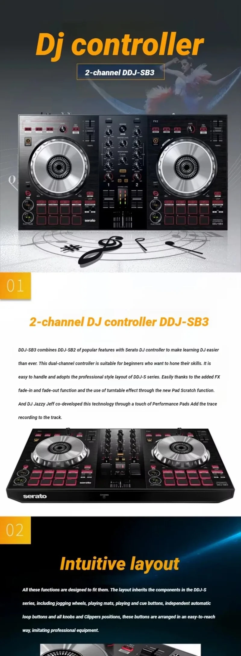 جهاز التحكم بالمعدات الصوتية Pioneer DDJ-SB3 Rekordbox DJ ذو التأثير المعدني لـ DJ الاحترافي
