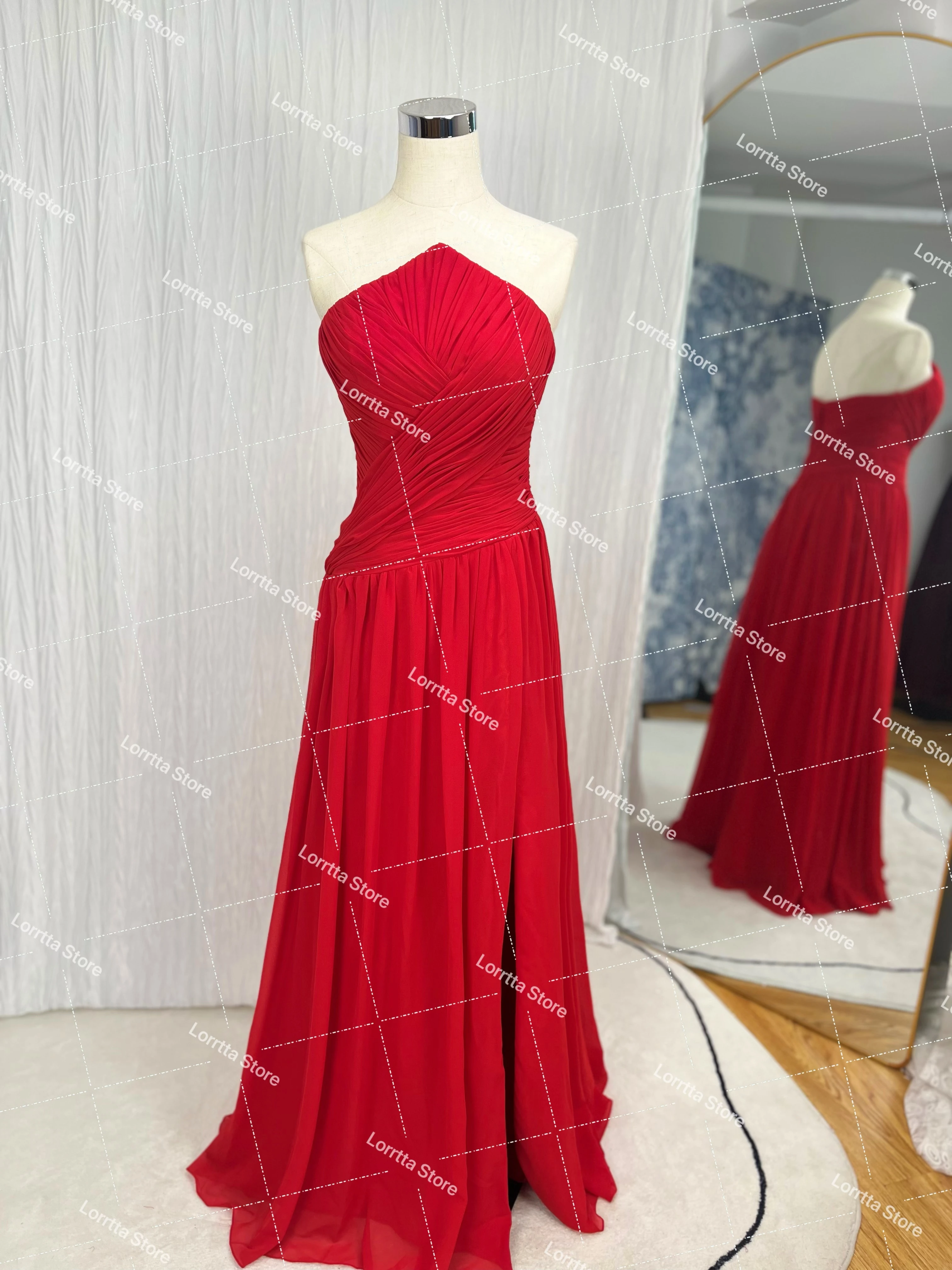 Lorrtta Red Chiffon Long Prom Dresses Strapless Pleated Side Split Party Gowns Special Banquet Club Evening Dress Customized