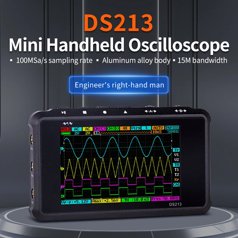 DS213 MINI Digital Ocilloscope 15MHz 100MSa/s Max Sampling Rate 4 Channels Smart Storage Oscilloscope with 3 Inch Screen