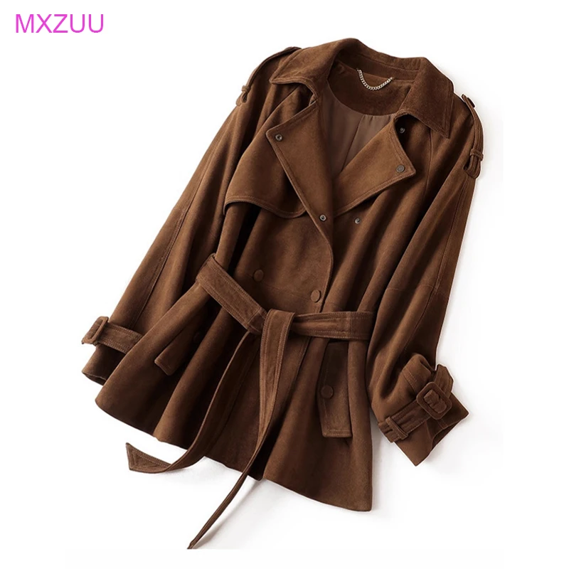 Real Suede Jacket for Women Autumn Winter Coffee Lapel Double-Breasted Belt Slim Medium to Long Genuine Leather Trench Coat
