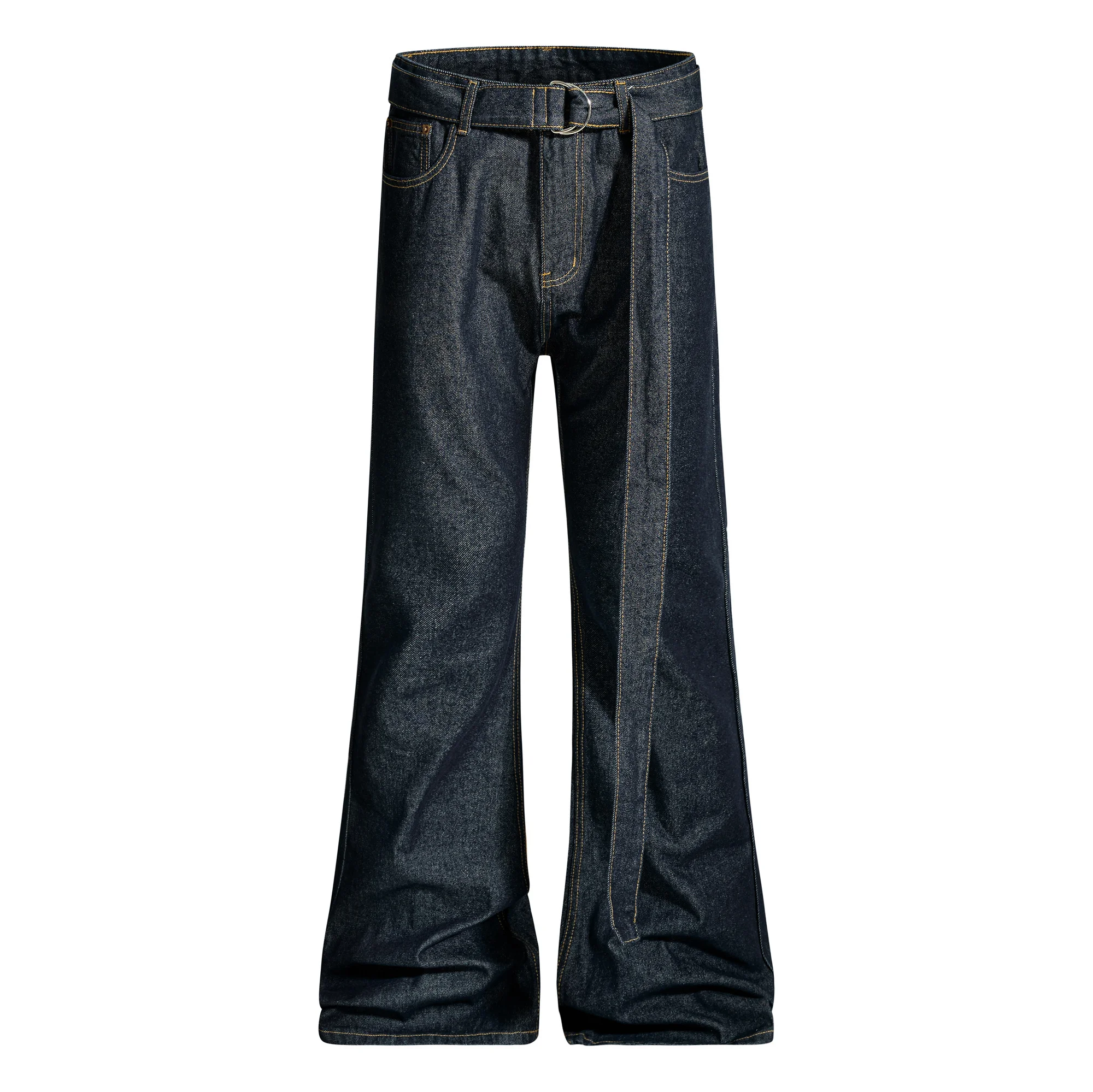 

Streetwear Black Long Ribbon Flared Jeans Pants for Men Slim Fit Y2k Flare Pants Lace Up Straight Wide Leg Denim Trousers