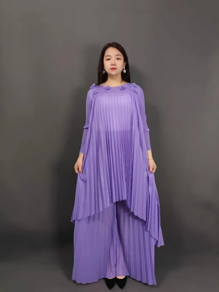 Miyake Pleats 2025 ฤดูใบไม้ผลิและฤดูร้อน Handmade ดอกไม้ลูกปัดตกแต่งกางเกงขากว้าง 2 ชิ้นผู้หญิงพรีเมี่ยมชุด