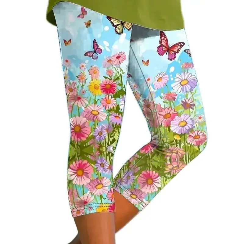 Butterfly& Floral print stretch slim elastic waist tight casual leggings capri pants women