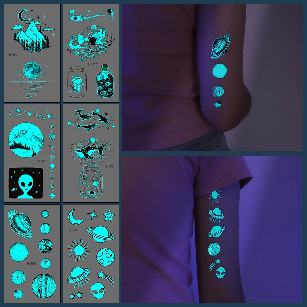 Outer Space Planet Luminous Tattoo Sticker Temporary Waterproof Arm Body Art Fake Tattoos Women Makeup Festival Accessories