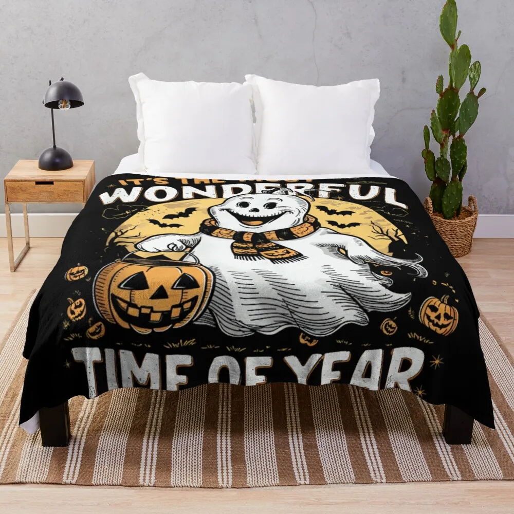 

Halloween Tshirt Ghost Pumpkin Spooky Horror Party Costume Throw Blanket Vintage Travel Blankets