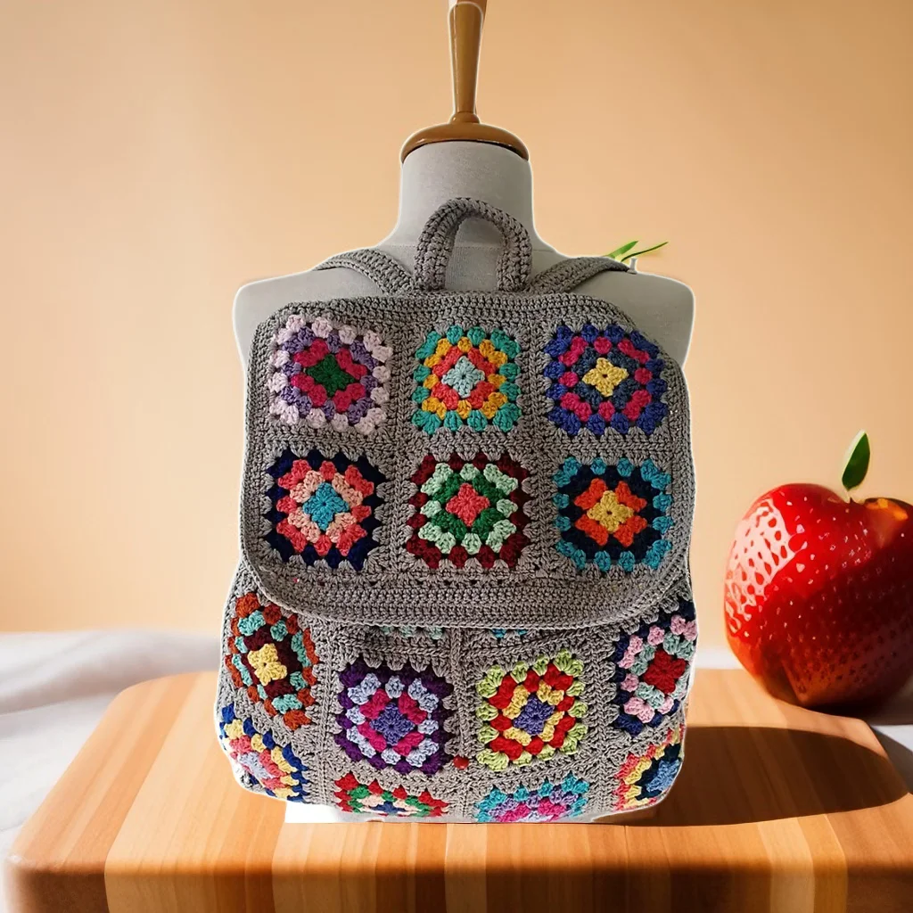 DIY Hand-Crocheted Bohemian Shoulder Bag Grandmother Geometric Pattern Retro Hippie Bag Storage Bags