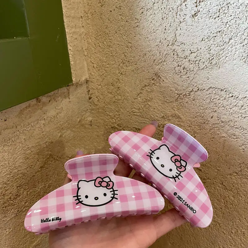 Заколка для волос Hello Kitty Sanrio Kawayii, розовая в клетку, в корейском стиле, аниме, подарок на день рождения другу