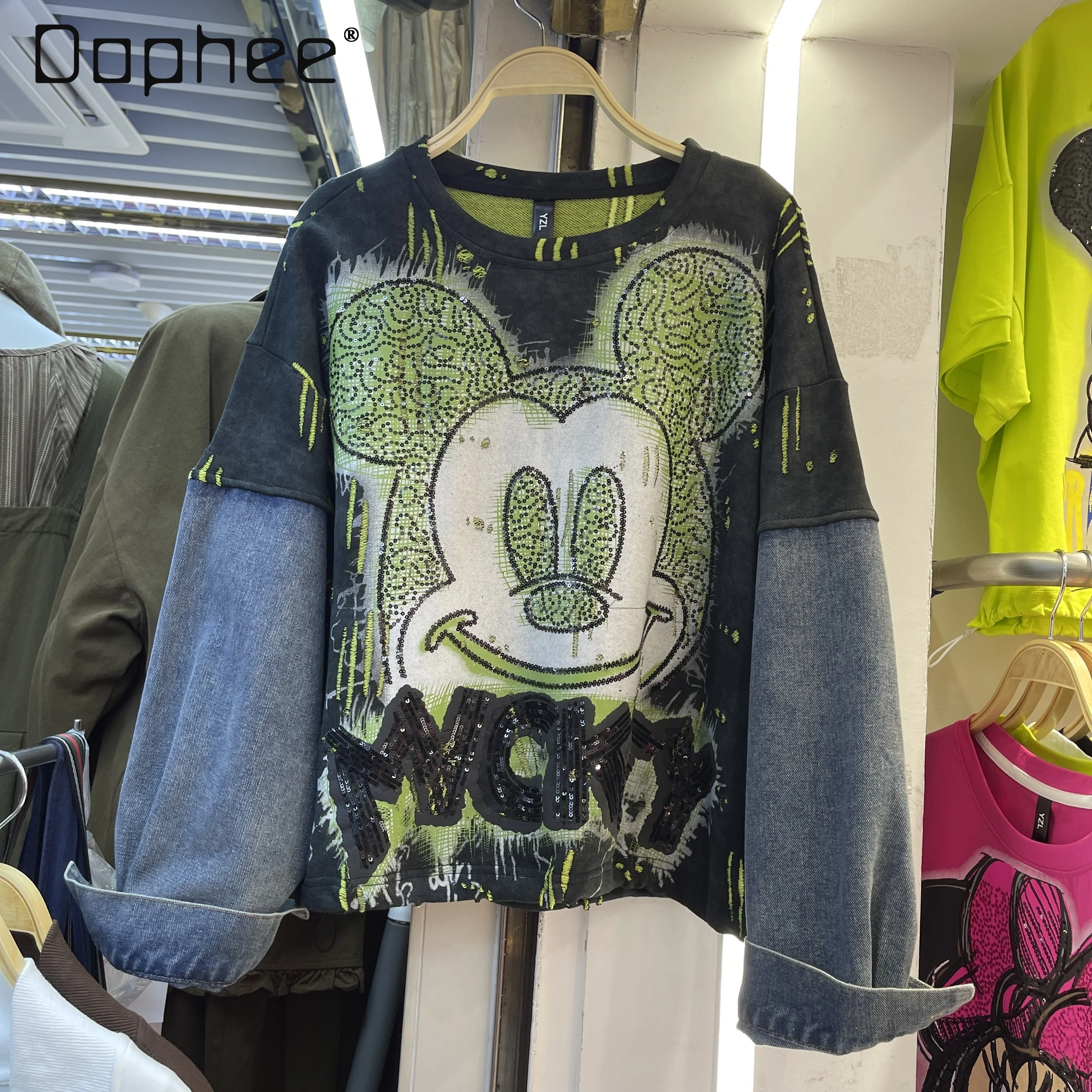 

2025 Autumn New Heavy Embroidery Cartoon Sequin Print Mid-Length Pullover Sweatshirt Fashion Loose Round Neck Sweatshirts Women