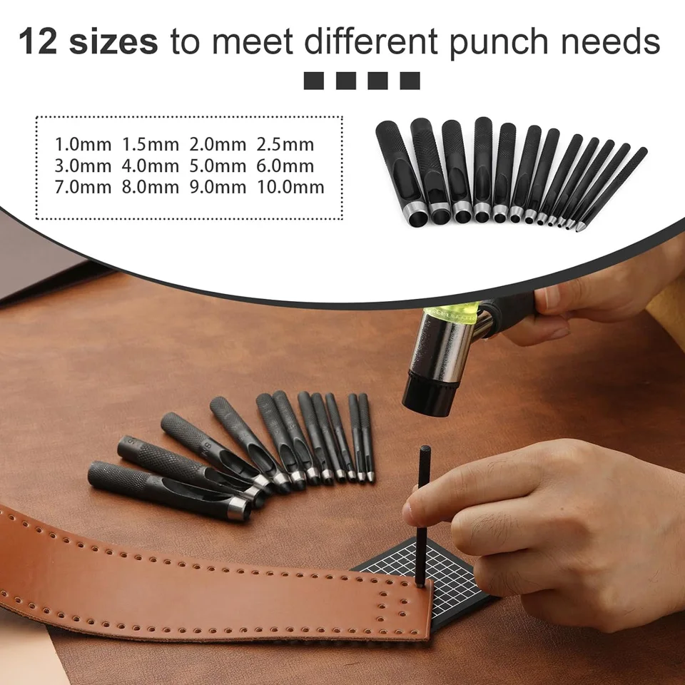1.0–10mm Leather Hollow Punch Set – Steel Hole Punches with Carving Hammer & Cutting Mat for Watch Bands, Wristbands, and DIY Crafting 5