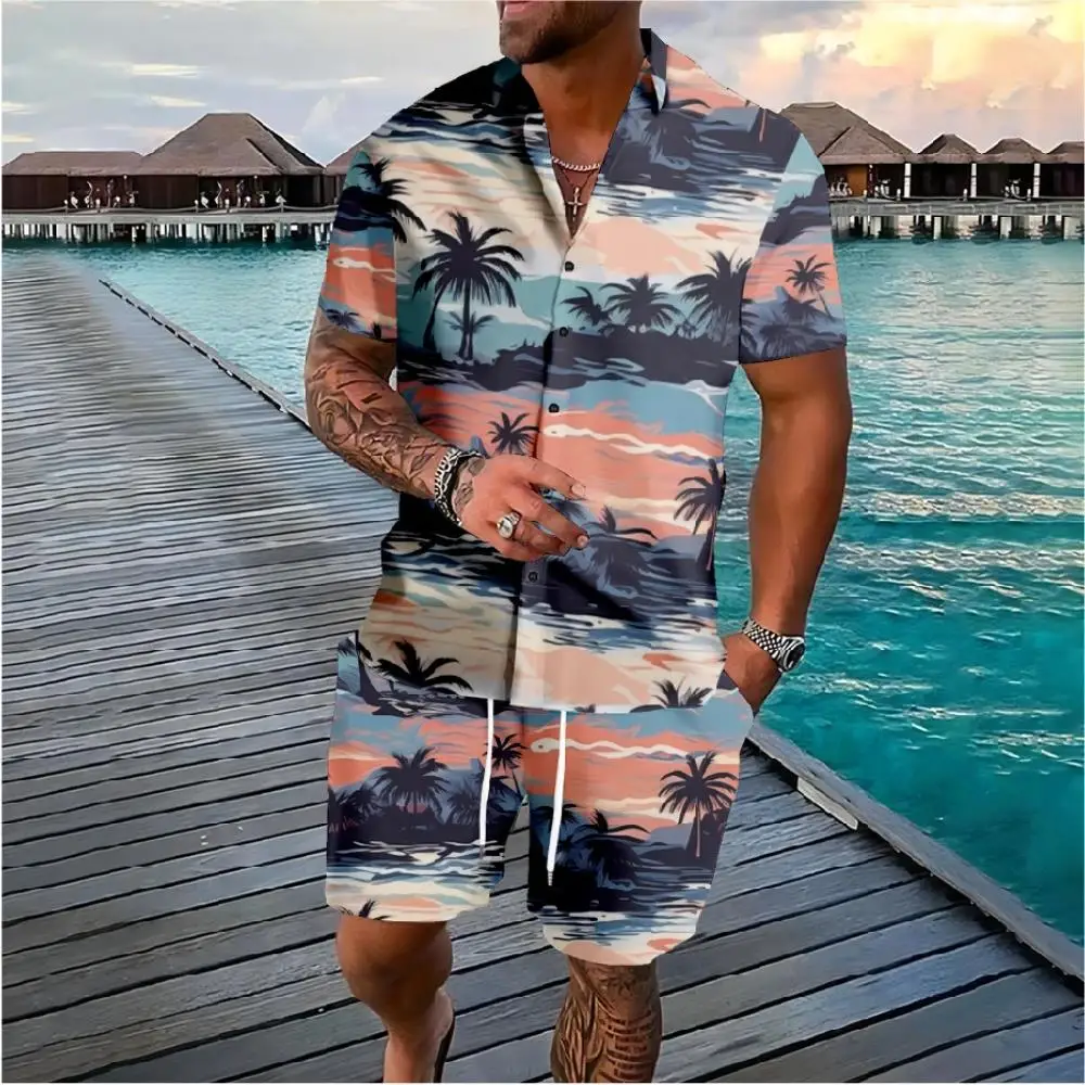 Men Hawaiian Sunset Palm Tree Button Shirt Shorts Dress Color Pineapple Set Street Wear Casual Beach Wear