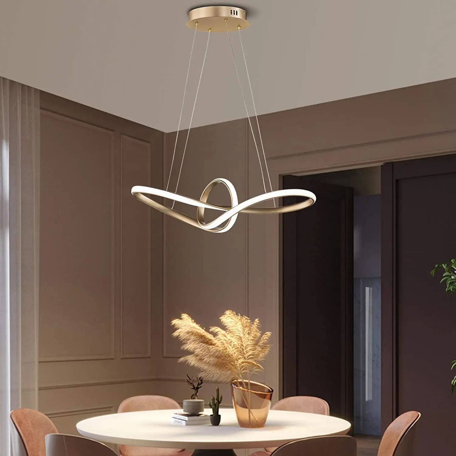 Modern LED Double Ring Pendant Light with Remote Control for Living Room Warm White Light