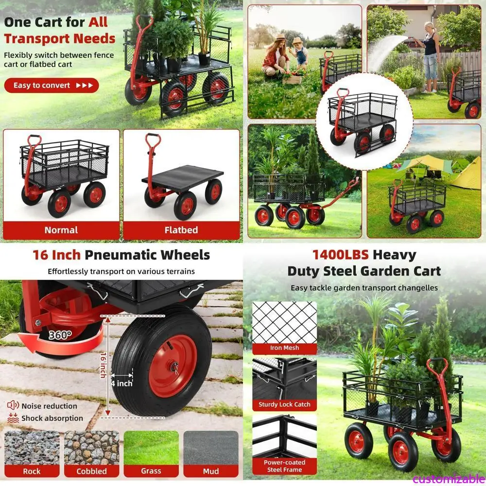 

Heavy-Duty Steel Garden Wagon with 1400 lbs Capacity, Removable Mesh Sides for Flatbed Conversion, Utility Yard Cart
