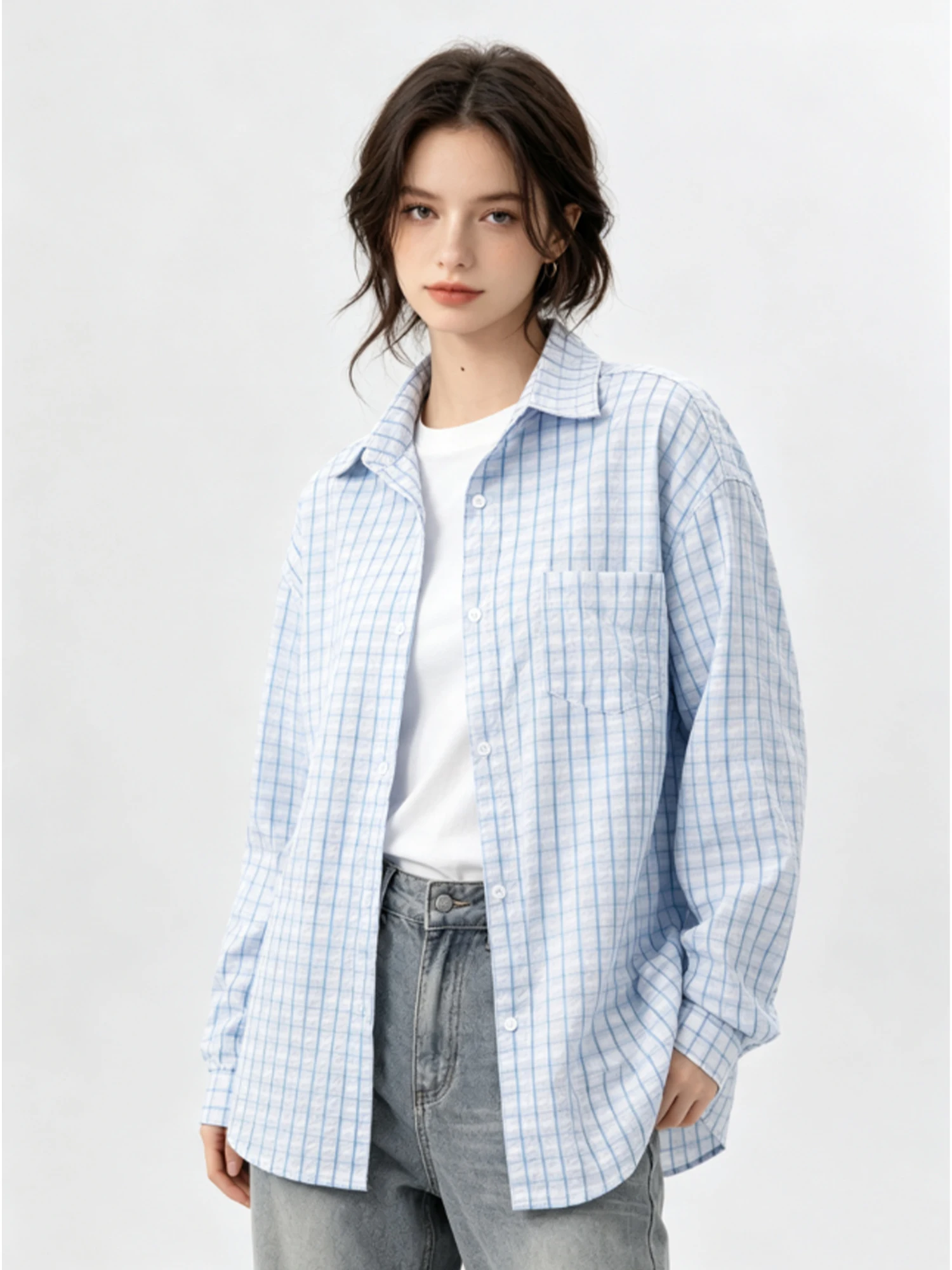 

Women's Blue Plaid Blouses and Shirts Japanese Y2k 2000s Vintage Embroidered Shirt Loose Long Sleeve Blouse Coat for Women 2026