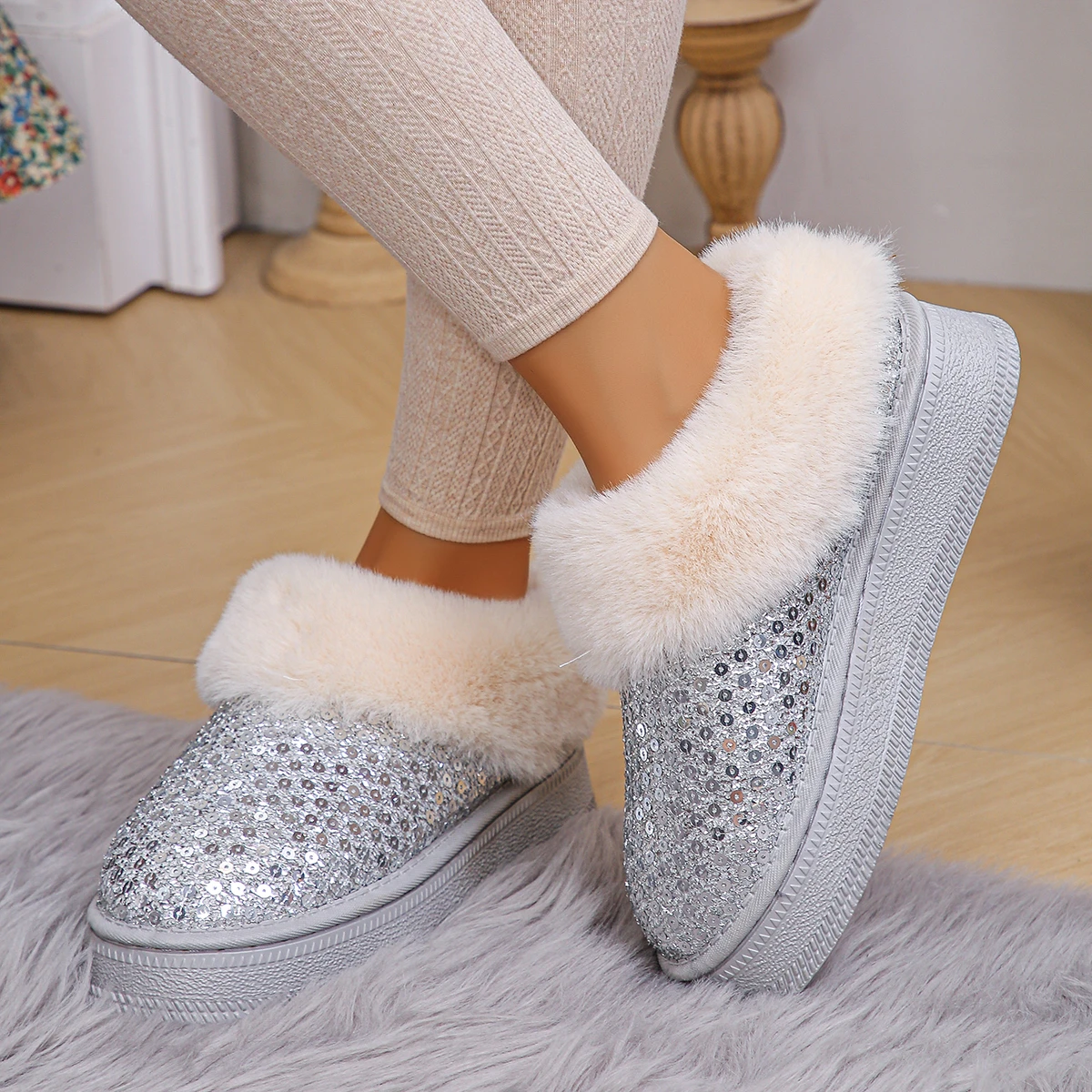 Fashion Silver Sequins Snow Boots for Women Winter 2024 Thick Sole Cozy Warm Cotton Shoes Woman Platform Faux Fur Ankle Booties