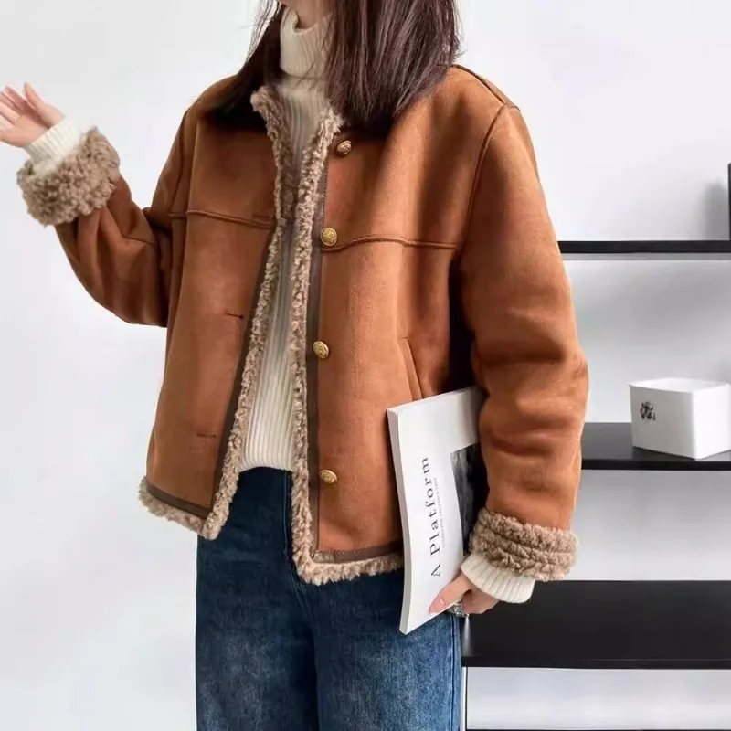 

Fashion Cropped Faux Fur Jacket Women Winter Retro Vintage Coat Short Warm Sherpa Lined Jacket Luxury Outerwear Chic Style