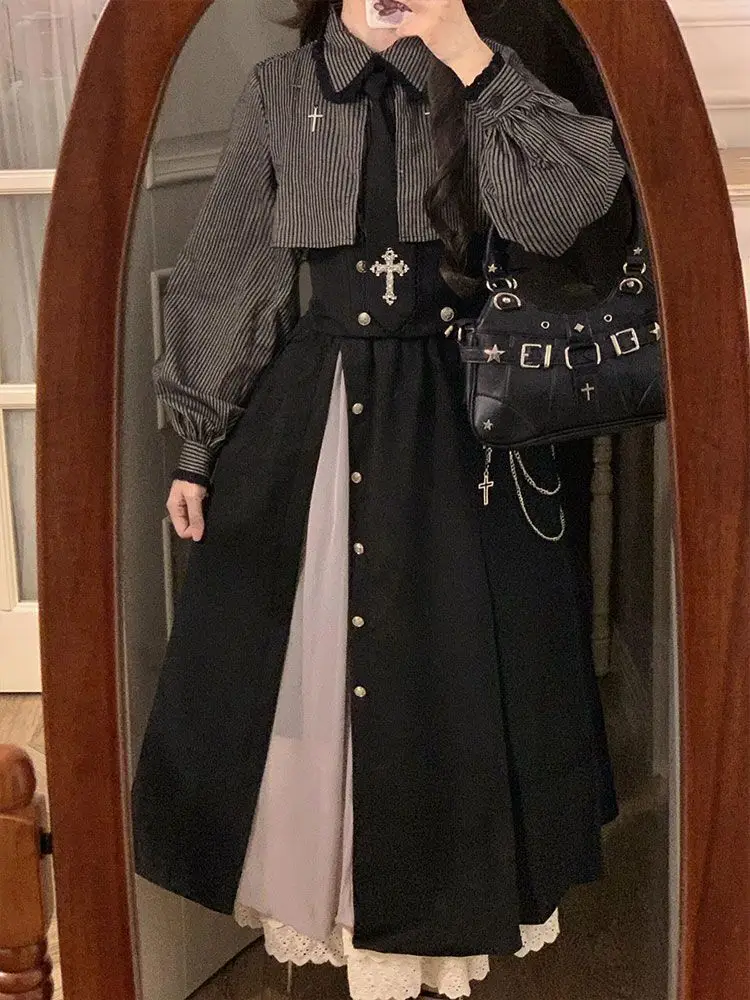 MAGOGO Gothic Vintage 2 Piece Skirt Sets Women Retro Y2k Stripes Long Sleeve Blouse + High Waist Retro Asymmetric Long Skirt