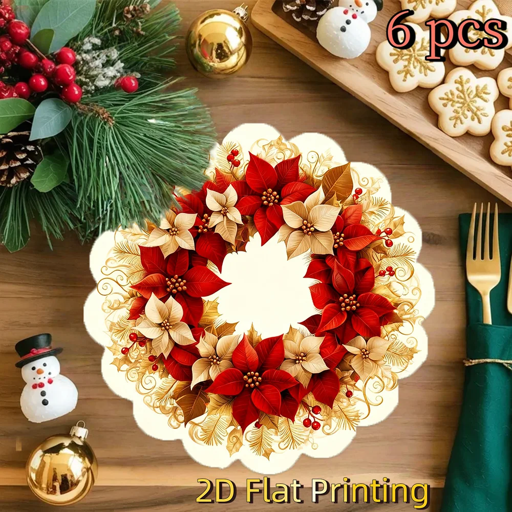 VIKAMA White Poinsettia Wreath Cream Round Placemat, Non Slip Washable Heat Resistant Table Mat, Christmas Winter Holiday Decor