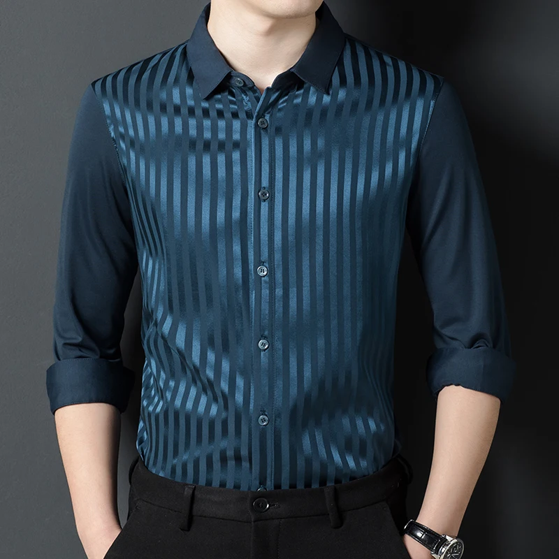 

Patchwork Striped Real Silk Shirts For Men Premium Long Sleeved Spring Fashion Quality Smooth Comfortable Icy Cool Chemise Homme